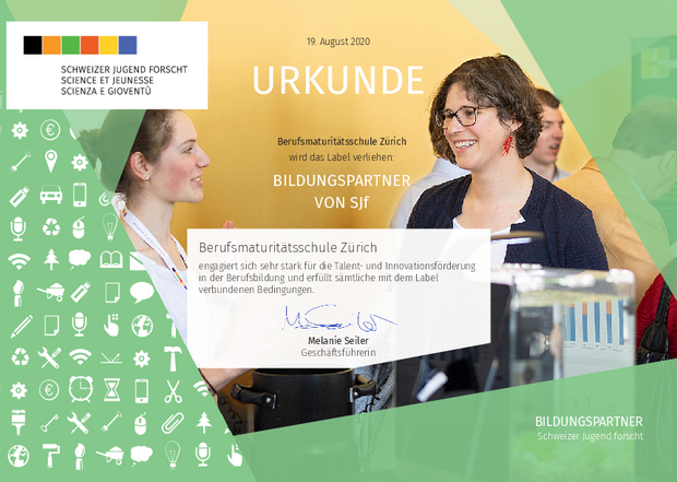 Urkunde von Schweizer Jugend forscht für die Berufsmaturitätsschule Zürich Urkunde von Schweizer Jugend forscht für die Berufsmaturitätsschule Zürich